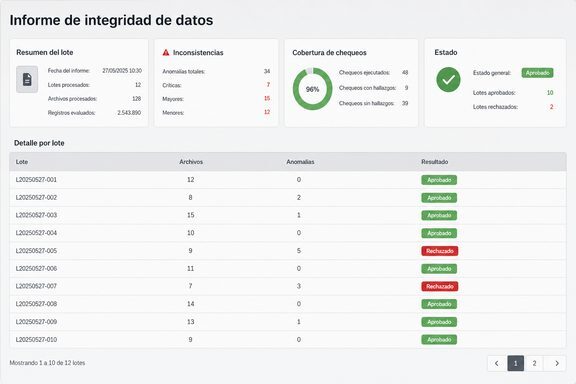 Reporte de integridad de datos con resumen de inconsistencias y cobertura por lote