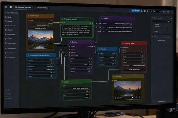 Workflow tipo ComfyUI con nodos de IA para producción audiovisual